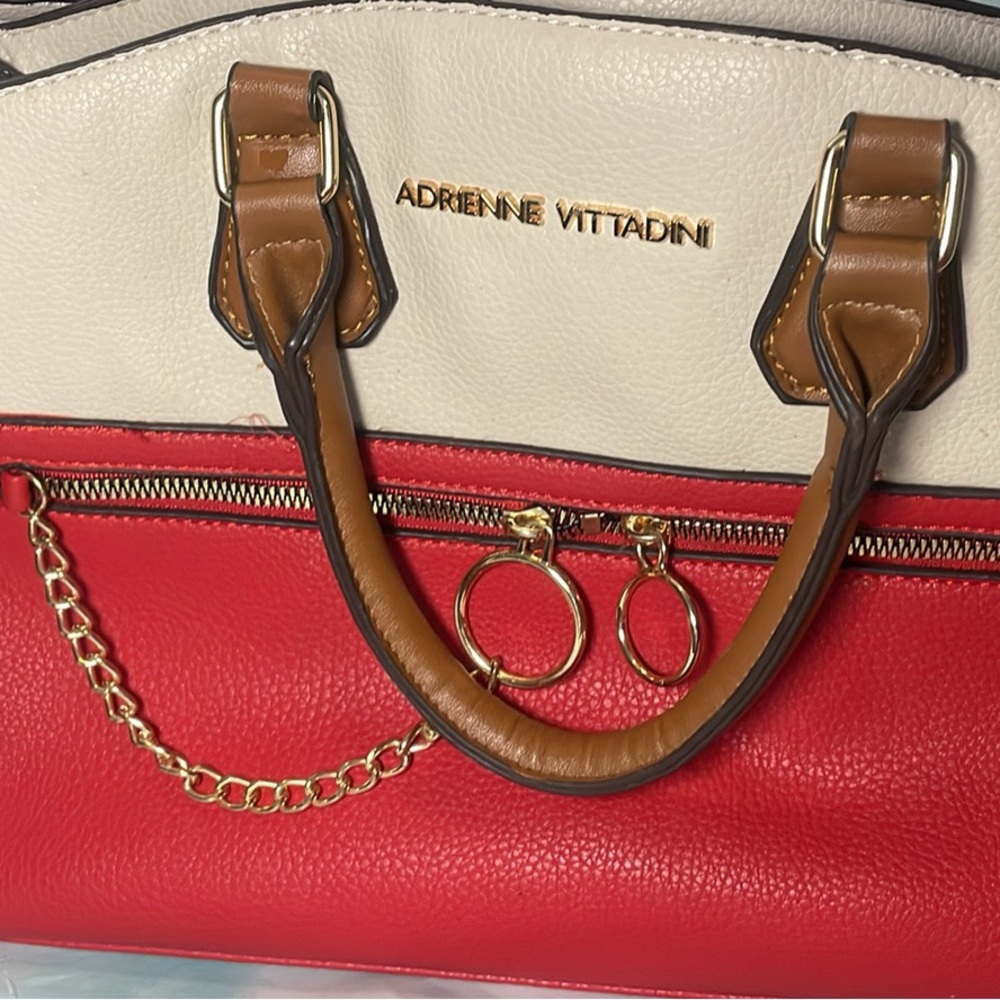 Adrienne Vittadini Red and Tan Satchel with Structured Design